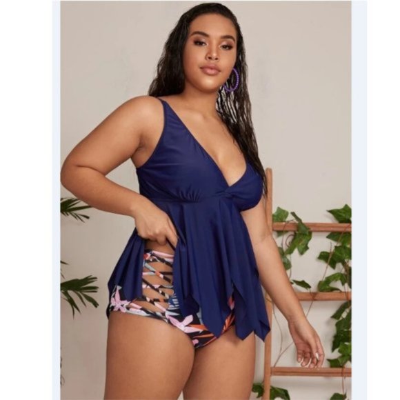 Tropical Asymmetrical Hem Bikini Swimsuit - Picture 2 of 4